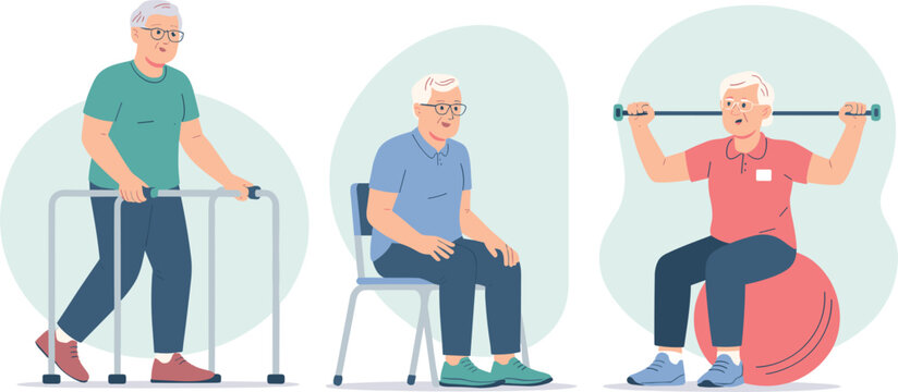 Senior men exercising with fitness ball and parallel bars while seated or standing for therapy eta vector