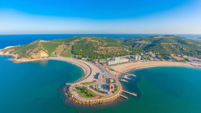 An aerial view captures the stunning coastline and beaches of sinop, turkey, on a bright summer day