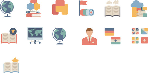 Educational icon set featuring books globes flags and digital learning symbols created as a vector for academic themes