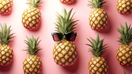 Wall adorned with pineapples and sunglasses on top of one pineapple