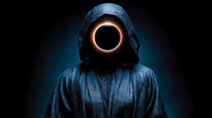 Hooded figure with ring of light obscuring face against dark background