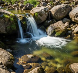 Small waterfall cascading over rocks into a clear stream, surrounded by mossy boulders in a natural setting.