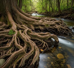 A close-up view of a tree's exposed roots beside a flowing stream.
