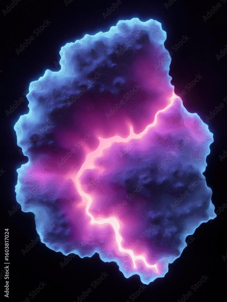 Poster abstract digital art piece that appears to be a 3d rendering of a large, irregularly shaped object.