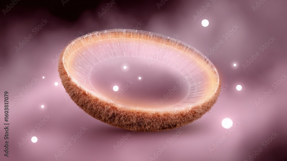 Poster abstract ring structure with glowing particles on a pink background circular