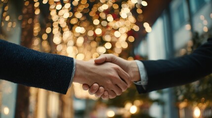 Close-up of handshake between business professionals with blurred Christmas lights in background perfect for corporate New Year celebration visuals, teamwork, and seasonal greetings