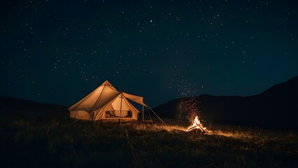 Single Glowing Fire in a Tent on a Hilltop at Night