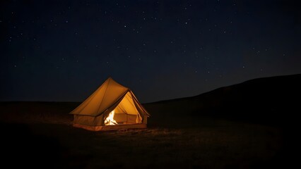 Single Glowing Fire in a Tent on a Hilltop at Night