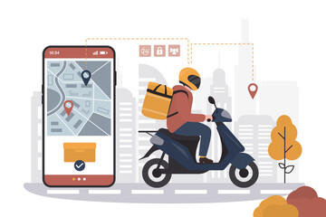 Delivery man on bike with food box. Courier driving motor transport and riding from online shop to client. Deliveryman riding moped, scooter. Road from internet store to customer.
