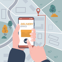 Delivery service app on smartphone screen. User customer looking location ordered package box. Online ordering route mobile application on city map. Shipment,