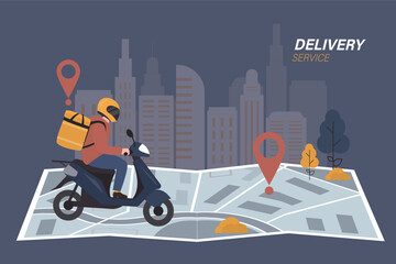 Delivery man on bike with food box. Delivery service. Courier driving motor transport, moped. Deliveryman riding motorcycle on giant paper map, scooter.