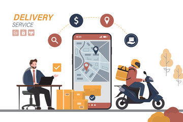 Male courier on moped delivers parcels. Internet shop. App for delivering goods on mobile phone screen. Fast delivery service. Logistician working in transport company.