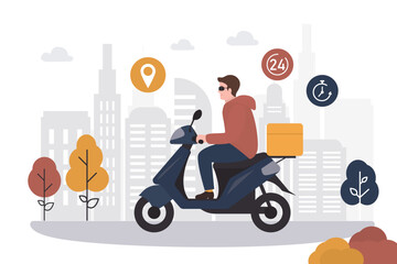 Delivery man on bike with food box. Courier driving motor transport, moped. Deliveryman riding motorcycle, scooter. Urban view on background. Takeaway pizza deliverer.