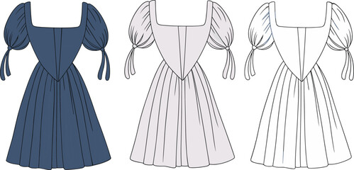 Puff sleeve dress with square neckline, gathered waist, flared skirt, back zipper, vector illustration, cad drawing, vintage inspired design