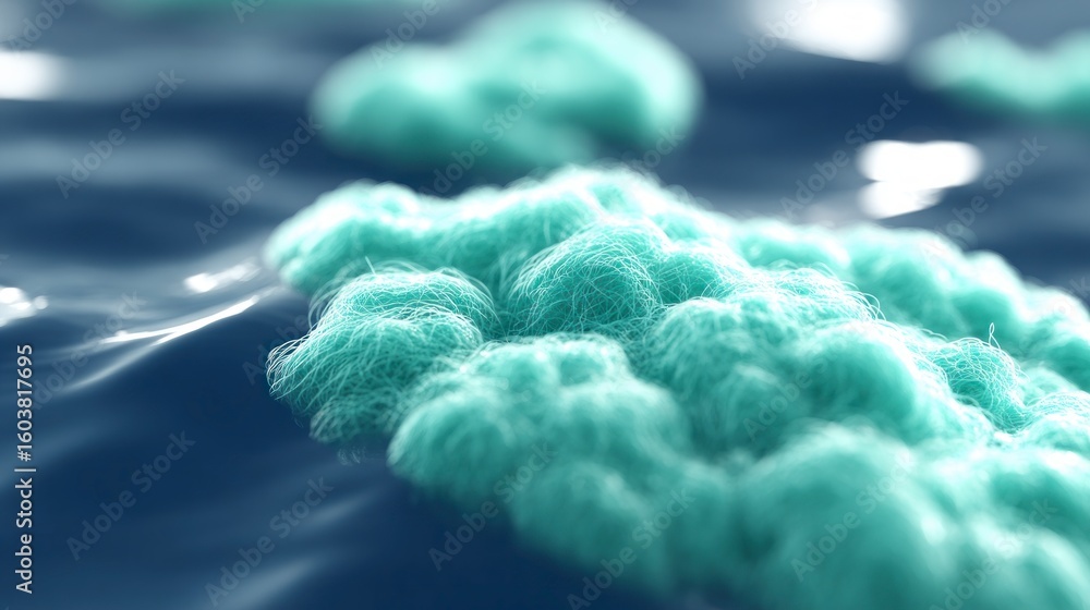 Aufkleber close up view of fibrous cyan colored clusters floating on a dark blue wavy surface