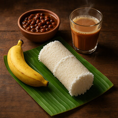 Traditional Kerala Breakfast with Puttu, Kadala Curry, Banana, and Hot Tea Served on a Banana Leaf