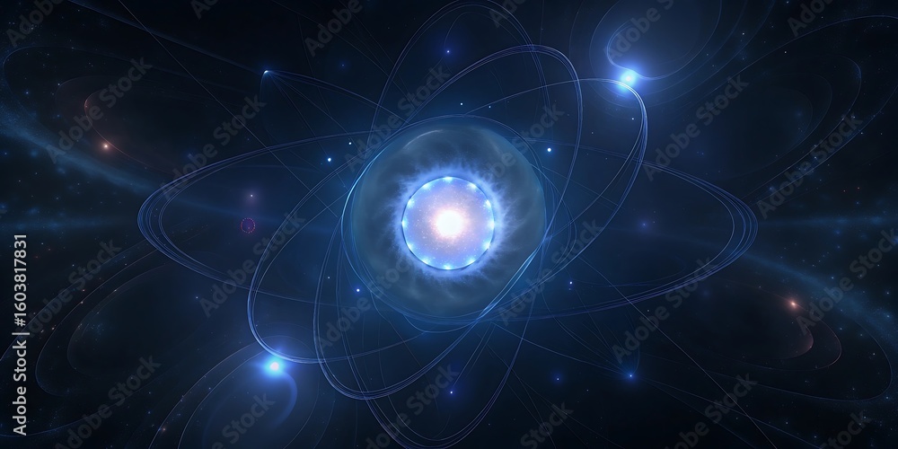 Poster abstract glowing atomic structure with orbiting electrons around a bright nucleus symbolizing scienc