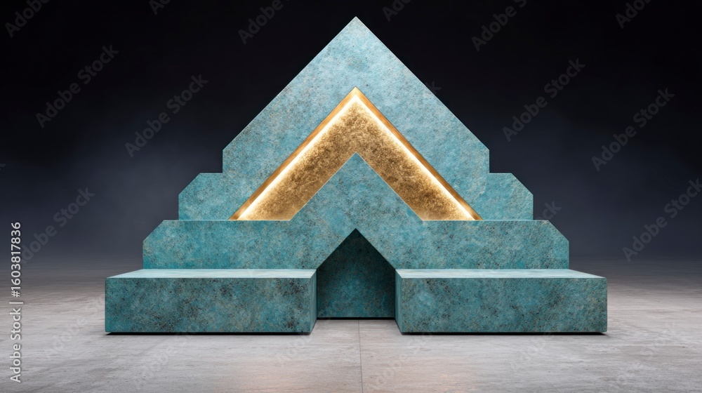 Poster abstract geometric structure with teal textured layers and a glowing golden chevron shape