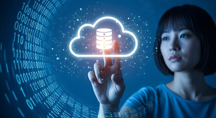 An Asian woman interacts with a digital cloud icon, representing data storage and technology.