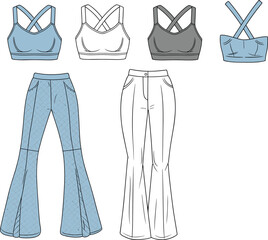 Trendy women’s flared pants, quilted bell bottom trousers, stylish sports bra top set, cad drawing, flat vector fashion illustration
