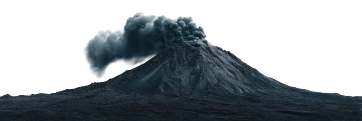Volcanic eruption, dark grey mountain, thick plume of smoke
