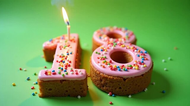 Sweet 18th birthday cake donuts with candle burning brightly on green background celebrating milestone