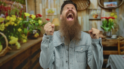 Man with long beard clenches fists and screams among vibrant blooms in rustic market stall; excitement.