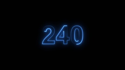 240 number countdown neon bright royal blue color 4k illustration. black background 4k illustration.