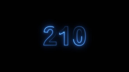 210 number countdown neon bright royal blue color 4k illustration. black background 4k illustration.