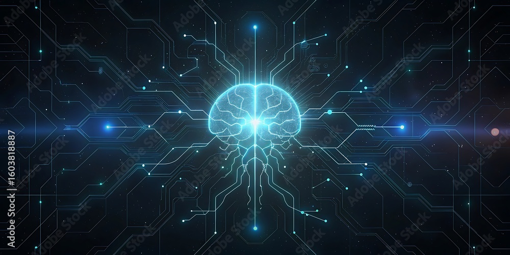 Poster a glowing blue human brain as a central hub of a complex digital network symbolizing artificial inte