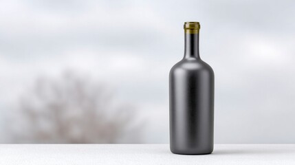 A dark grey bottle with a gold cap sits on a textured white surface with a blurred background