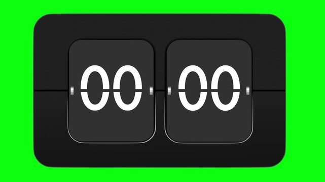 Digital flip clock timer set to 00:05, displayed against a vibrant green chroma key background. Ideal for countdown animations, video overlays, and time-related visual effects. The minimalistic design