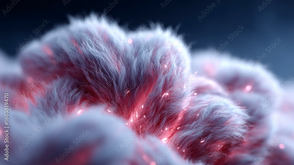Poster macro view of fluffy soft structures with internal glowing red embers and light particles