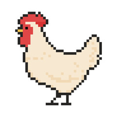 8 bit rooster icon. Pixel art object. Old school vintage game graphic.