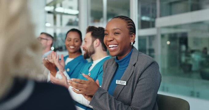 Happy people, medical union and meeting with applause for congratulations, well done or good job. Excited, group or healthcare workers clapping with smile for promotion or team success in workplace