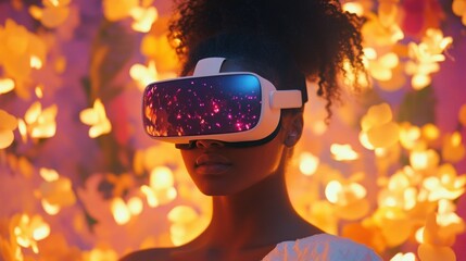 Woman wearing VR headset, vibrant floral background