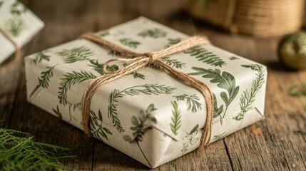 Wrapped gift on a rustic wooden surface