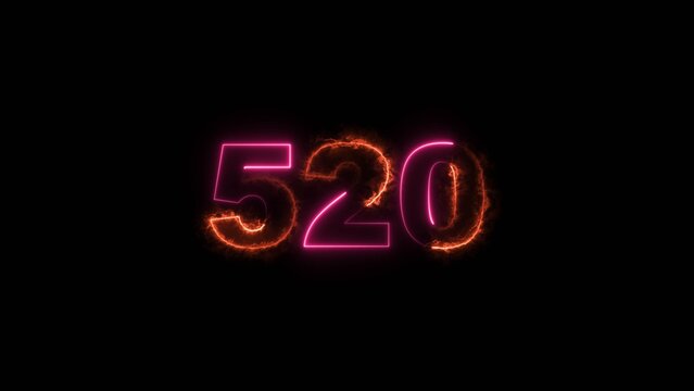 520 number countdown neon bright magenta red color 4k illustration. black background 4k illustration.