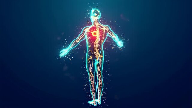Human anatomy visualization with glowing veins and arteries, digital art