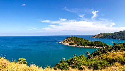 Fototapeta premium Panoramic vista of turquoise ocean waters meeting tropical islands on clear day