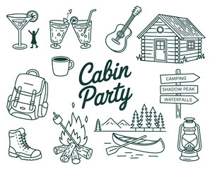 Whimsical Cabin Party Vector Set – Hand Drawn Illustrations Featuring Cozy Cabins, Campfires, Forest Scenes, Rustic Decor, and Playful Elements for Outdoor-Themed Design Projects.


