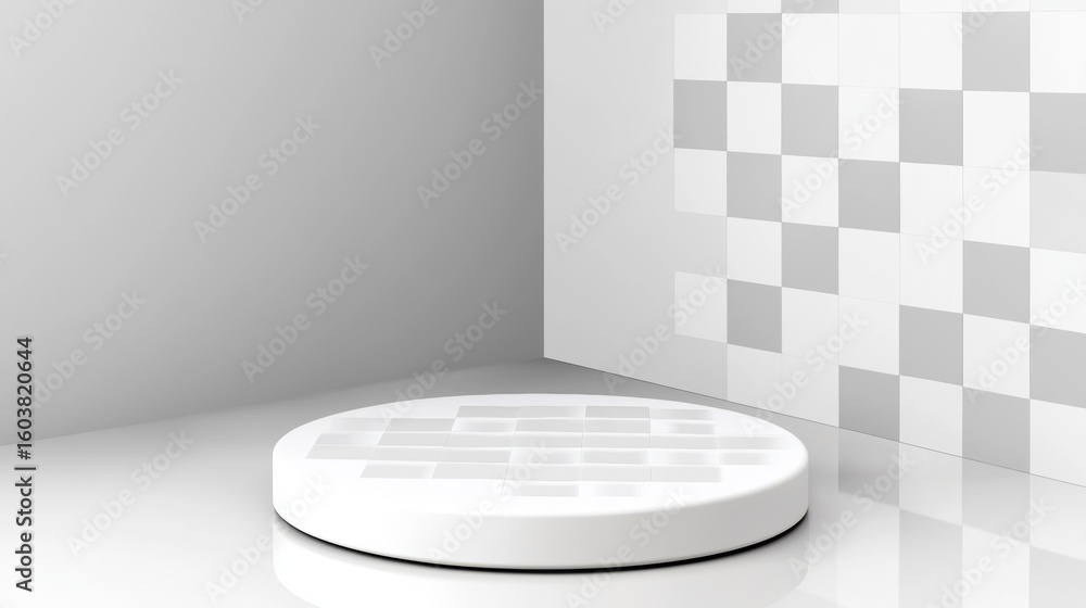 Poster a white circular object with a grid pattern sits on a reflective surface.