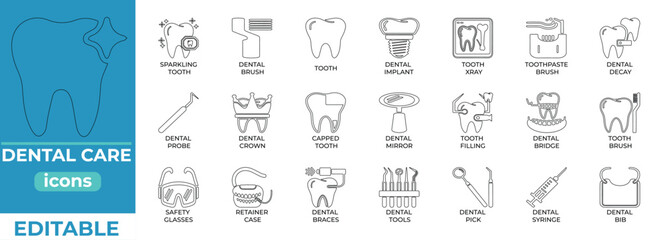 Editable dental care icons for clinics, hygiene, and health design