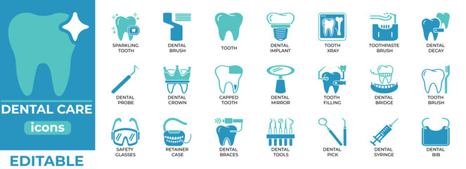 Editable dental care icons for clinics, hygiene, and health design