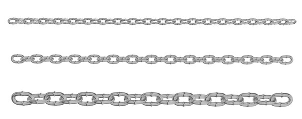3D render showcasing multiple strands of classic, heavy-duty metal chains with traditional oval links and a robust metallic finish. Ideal for industrial, security, or marine themes, this versatile