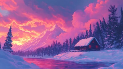 Vibrant dusk hues wrapping around snow island cabin