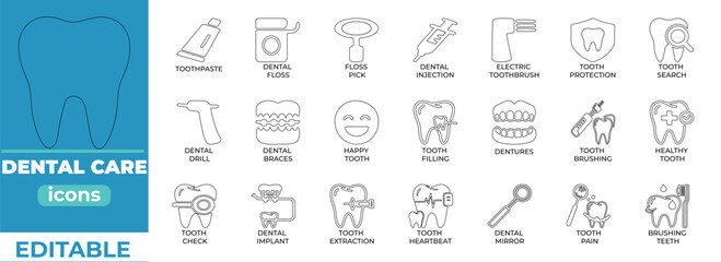 Editable dental care icons for clinics, hygiene, and health design