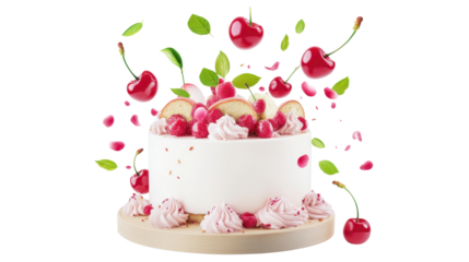 Delicious White Cake Garnished with Fresh Cherries and Raspberries on a Wooden Plate