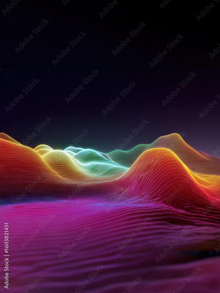 Poster abstract digital art piece that appears to be a 3d rendering of a wave-like pattern. the wave is mad