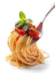 Fork is holding a piece of spaghetti with tomato sauce and basil